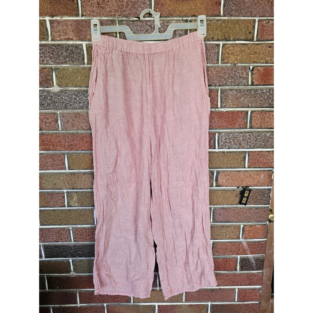 FLAX Pink 100% Linen Wide Leg Crop Pants size Small lagenlook boho